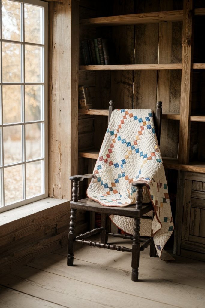 A wooden chair draped with a colorful patchwork blanket stands next to a window in a rustic room.