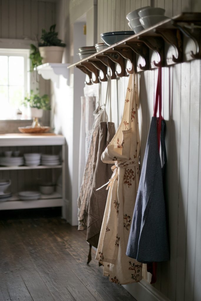 A row of aprons hanging on wooden hooks in a rustic kitchen with shelves for plates and a window letting in natural light.