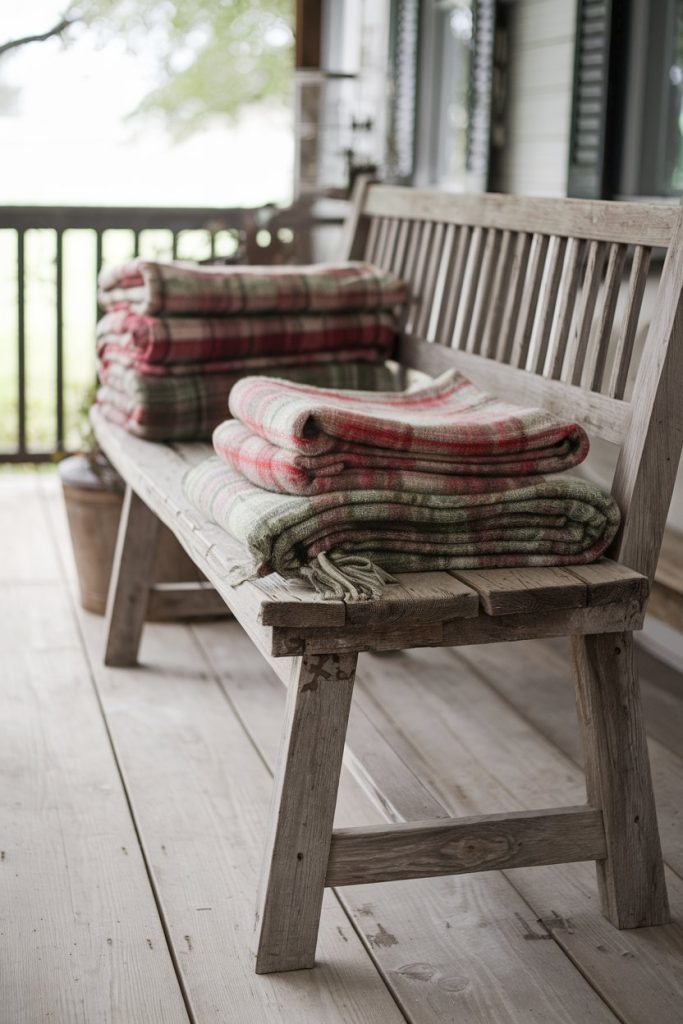 Wooden bench on a porch with folded red and green checkered blankets stacked on it.