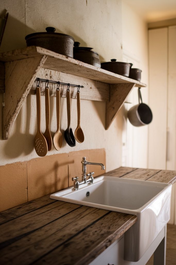 Rustic kitchen with a wooden countertop, a white farmhouse sink, hanging wooden utensils and pots on a shelf above.