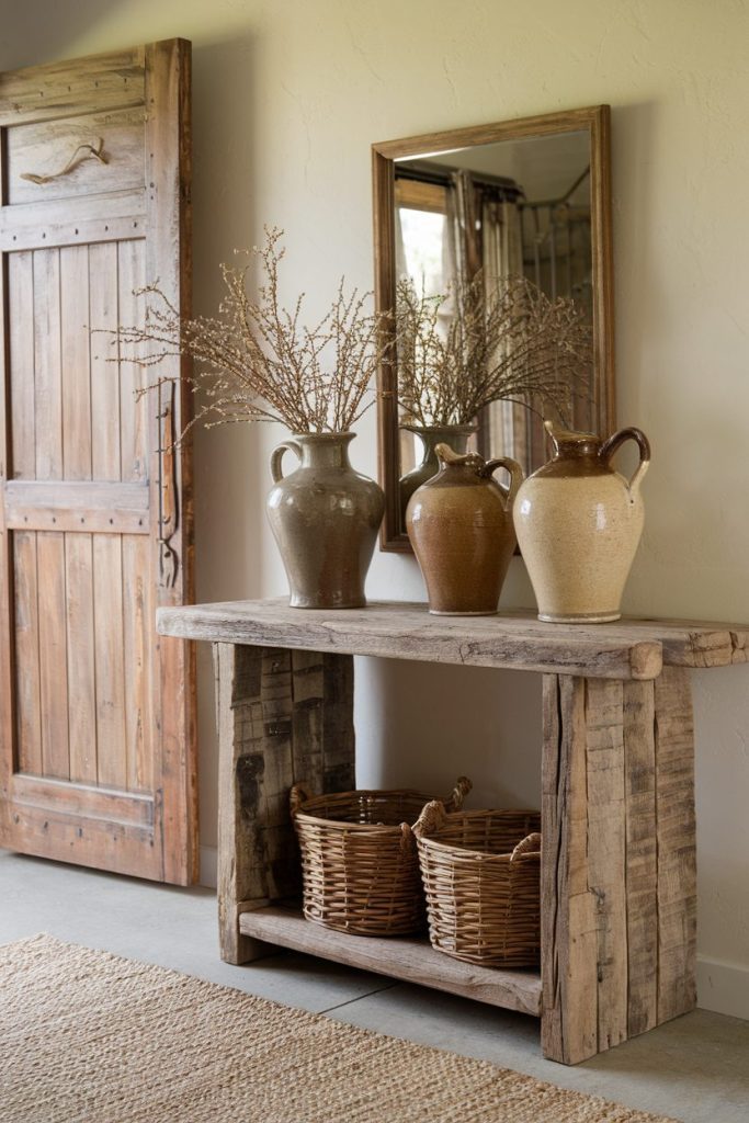 Rustic wooden console with three ceramic jugs, a wall mirror and two wicker baskets underneath, placed in front of a wooden door.