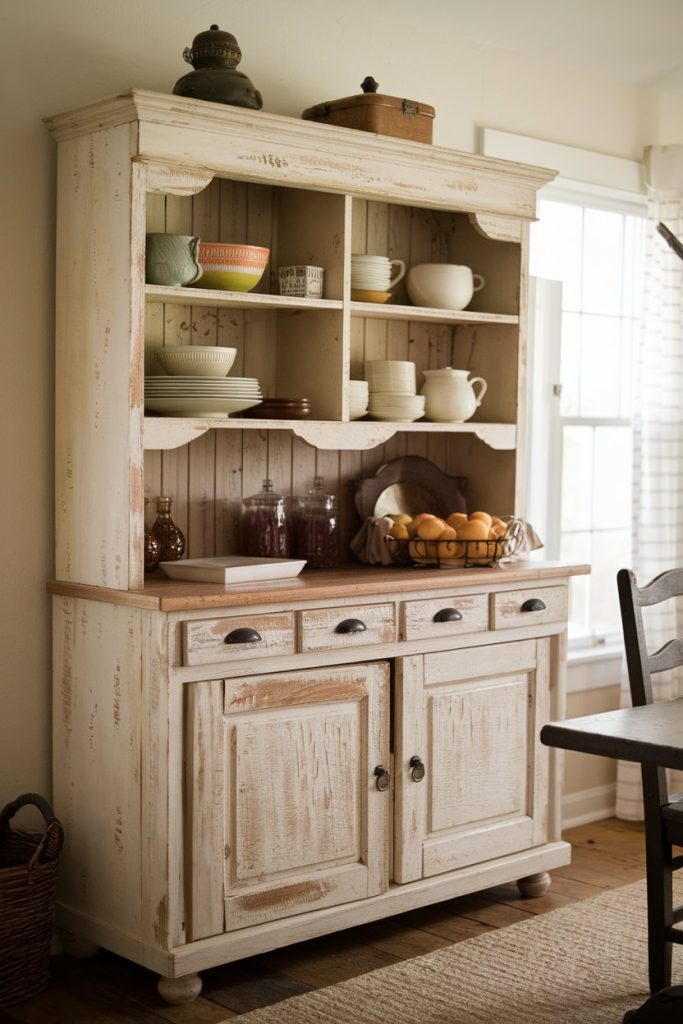 A variety of kitchen utensils, including bowls, mugs and glasses, are on display in a rustic wooden hutch. Fresh oranges lie in a bowl on the lower shelf.