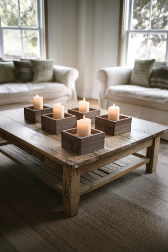 A rustic wooden coffee table with burning candles in wooden holders. There are two white sofas in the background and sunlight streams through the nearby windows.