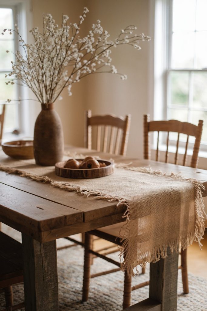 Rustic dining room with wooden table, beige fringe runner, vase of white flowers and wooden chairs. There is a bowl of bread on the table and natural light comes through the windows.