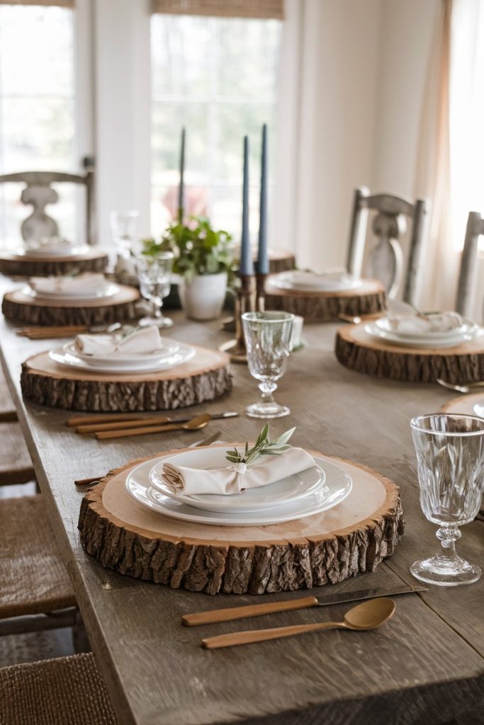 A rustic dining table for six with wooden placemats, white plates and gold cutlery. There are glasses and tall blue candles on the table.