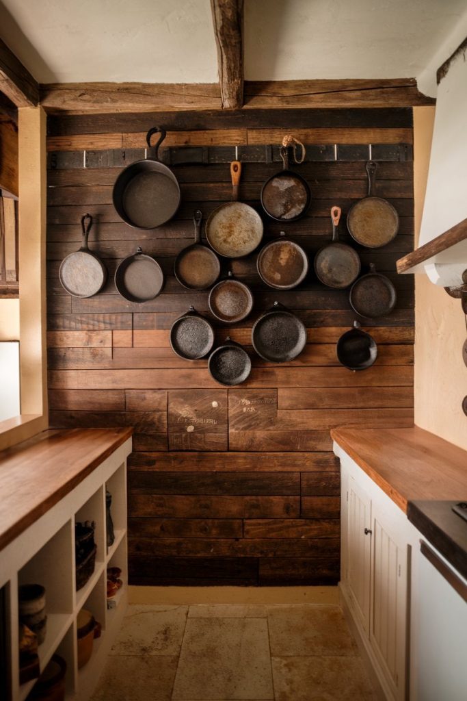 Rustic kitchen with wooden walls and worktops. Various cast iron pans hang on the wall. Cabinets below provide storage space.