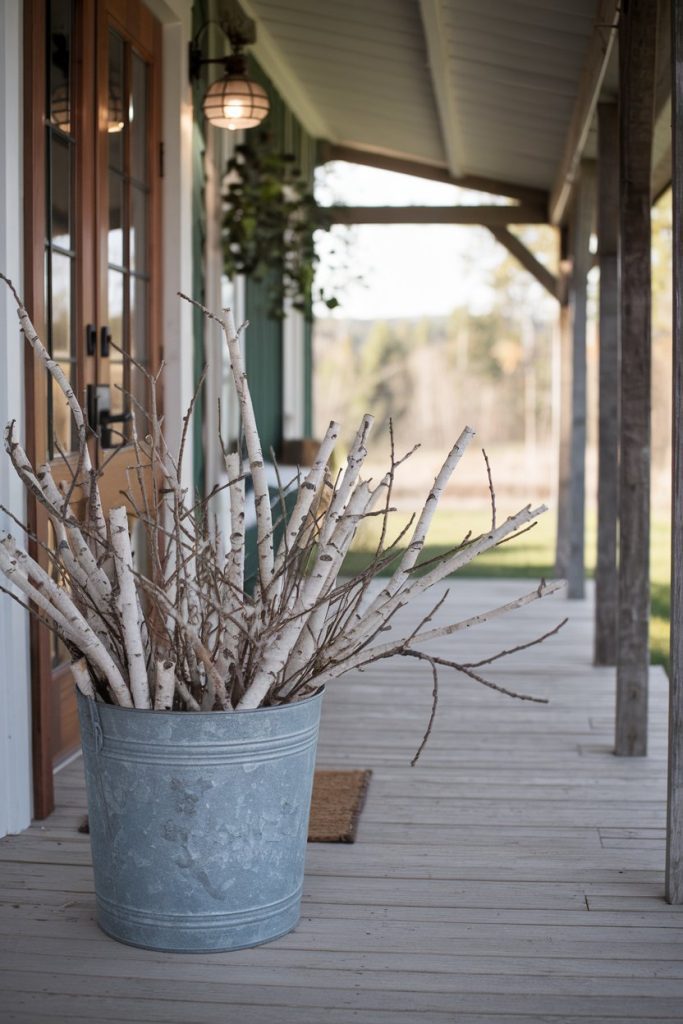 A metal bucket filled with birch branches sits on a wooden porch.