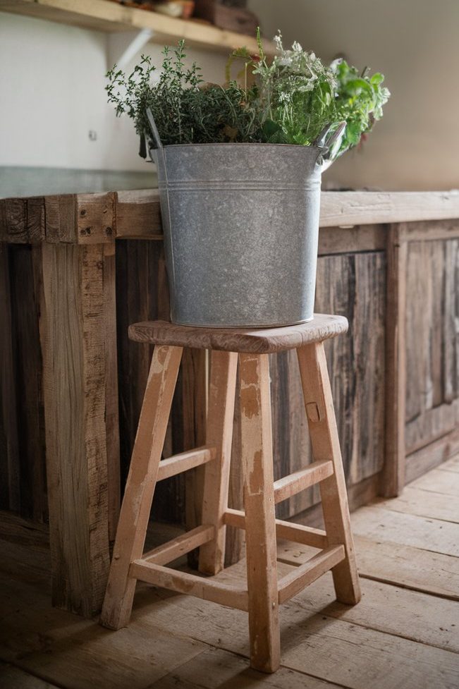 Metal bucket with herbs on a wooden stool, in a rustic kitchen with wooden beams and shelves.