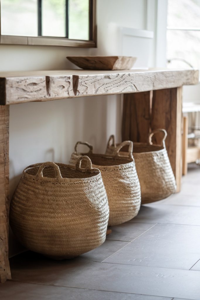 A rustic wooden console table with a decorative bowl on top and three woven baskets below, positioned on a tiled floor.