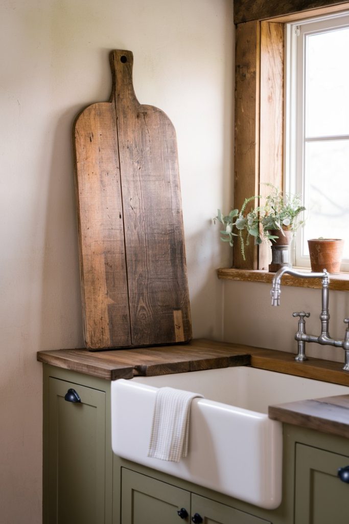 Rustic kitchen scene with a wooden cutting board leaning against a wall, a farmhouse sink, green cabinets and potted plants on the windowsill.