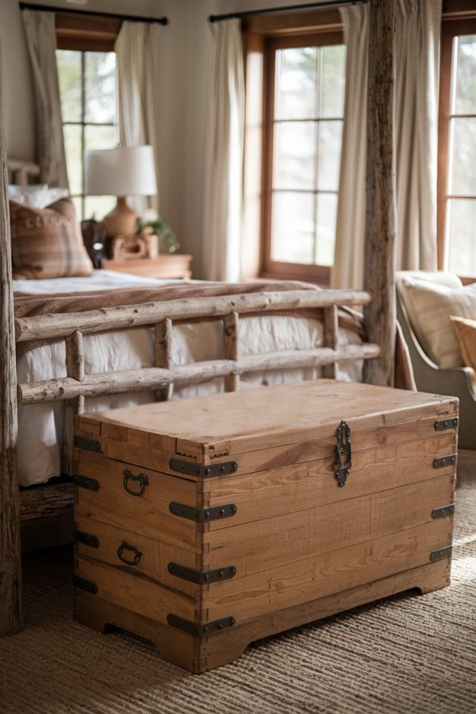 Wooden chest with metal fittings at the foot of a rustic wooden bed in a cozy bedroom with natural light.