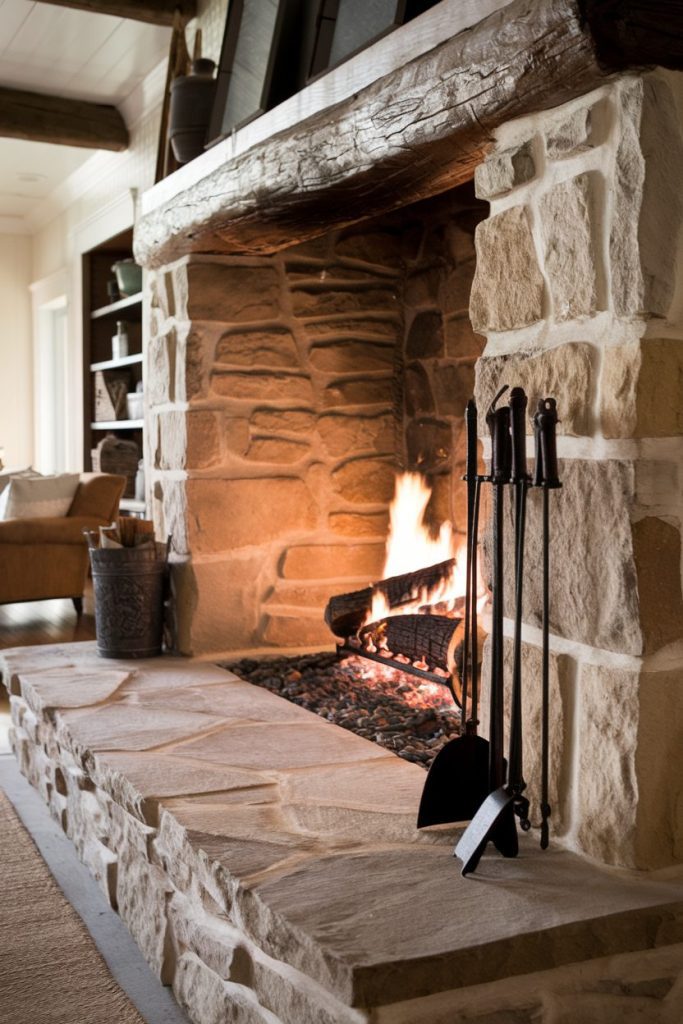 A stone fireplace with a burning fire surrounded by a wooden mantle. There is a set of fireplace cutlery on the stove.