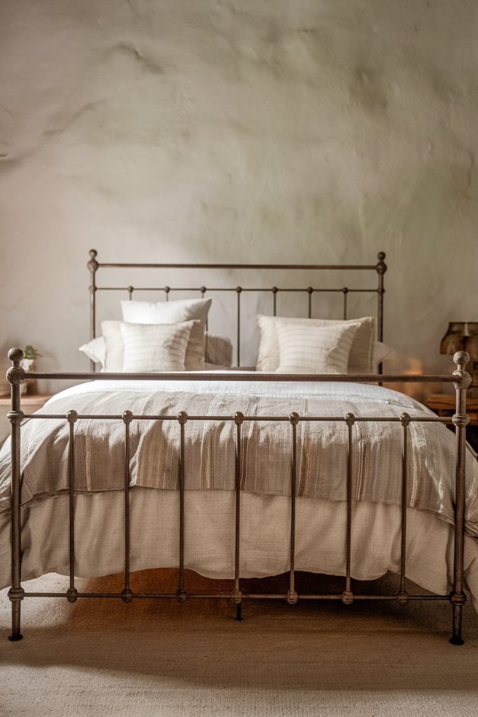 A neatly made bed with a metal frame, two pillows and a light blanket in a room with textured walls.