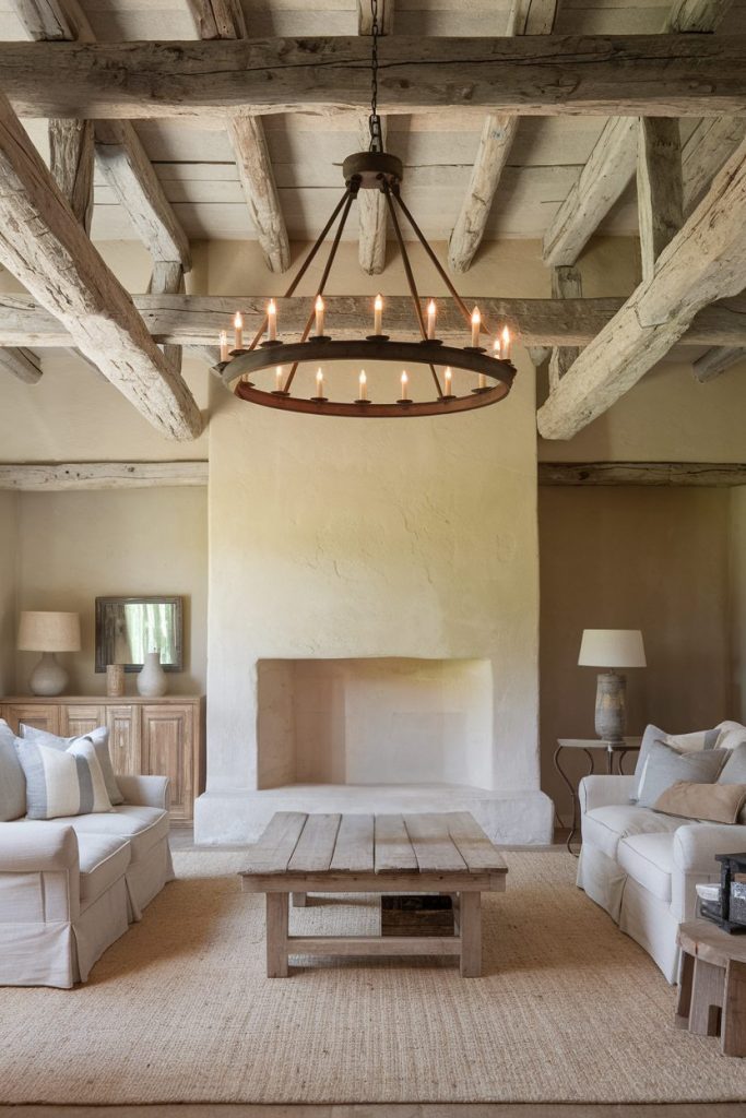 Rustic living room with exposed beams, chandelier, two sofas, coffee table and fireplace. Neutral colors and minimalist decor create a cozy atmosphere.