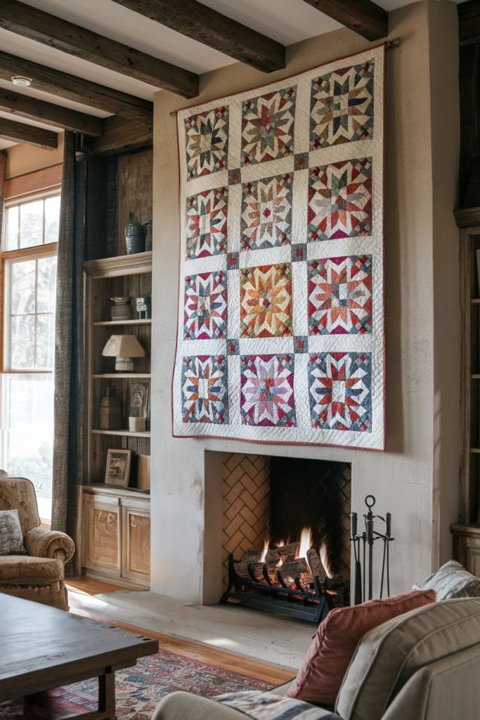 Cozy living room with a lit fireplace, rustic wooden beams, large windows and a colorful patchwork blanket over the mantel.