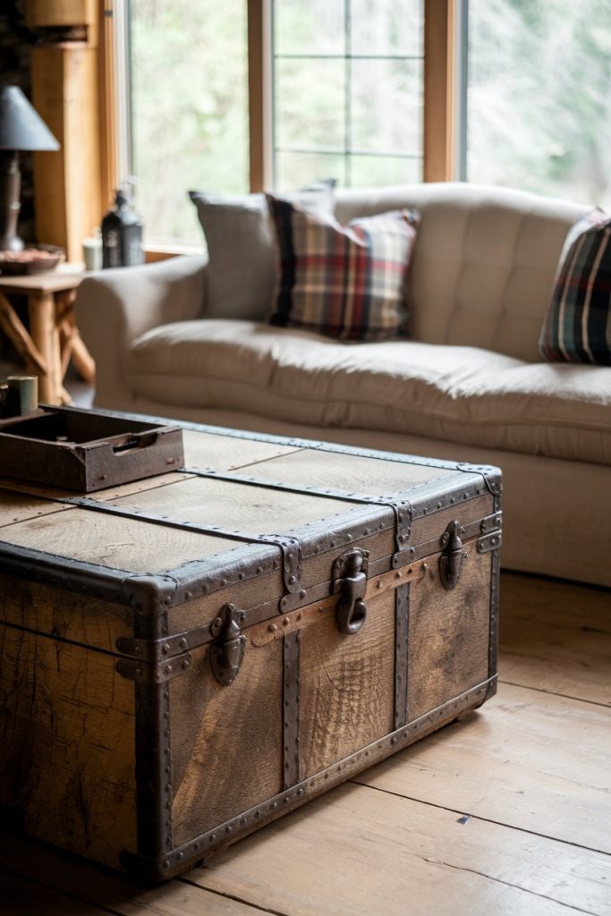 A rustic wooden box serves as a coffee table in a cozy living room with a beige sofa and checkered pillows, illuminated by natural light from a nearby window.