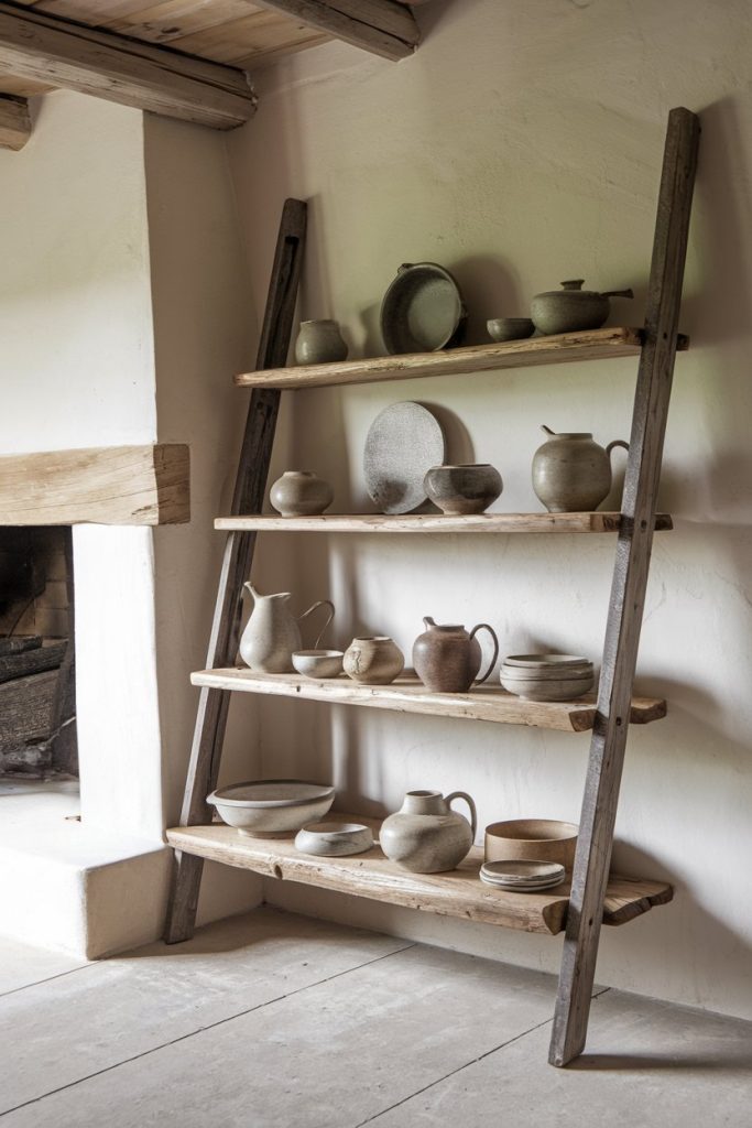 Wooden ladder shelf with various clay pots on it in front of a white wall.