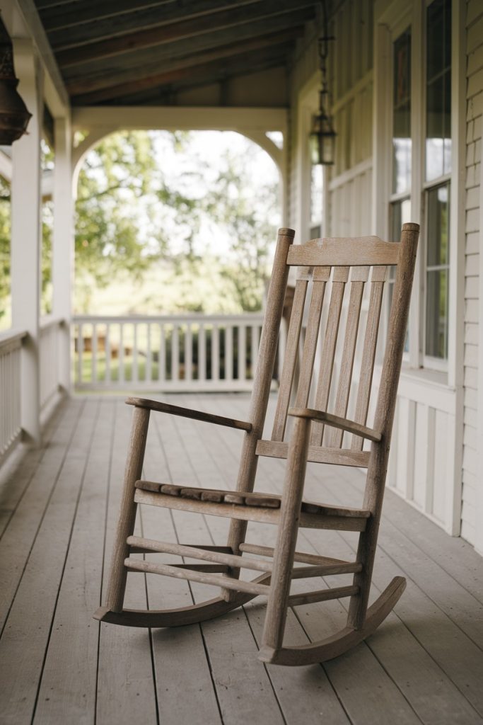 A wooden rocking chair sits on a covered porch with white railings and a view of trees in the background.