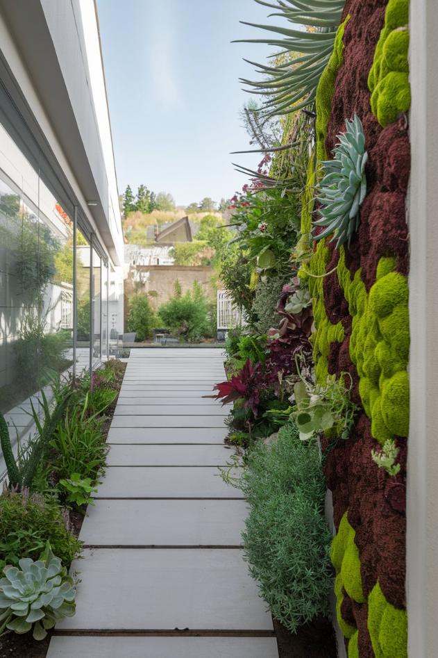 A narrow outdoor path with a vertical garden wall on one side and glass windows on the other, with various green and reddish plants and succulents.