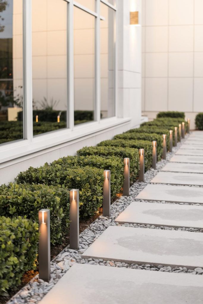 A modern path with square stone tiles, surrounded by small bushes and illuminated by elegant outdoor lights, along a reflective building facade.