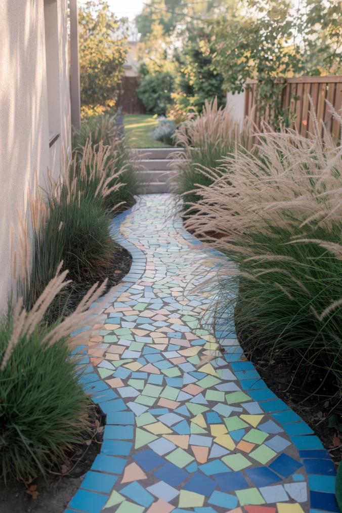 Colorful mosaic path lined with tall grasses and greenery leading to stone steps in a backyard garden.