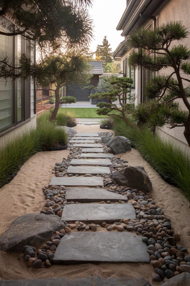 A quiet flagstone garden path surrounded by pebbles, sand, grass and neatly trimmed trees leading to a distant building.