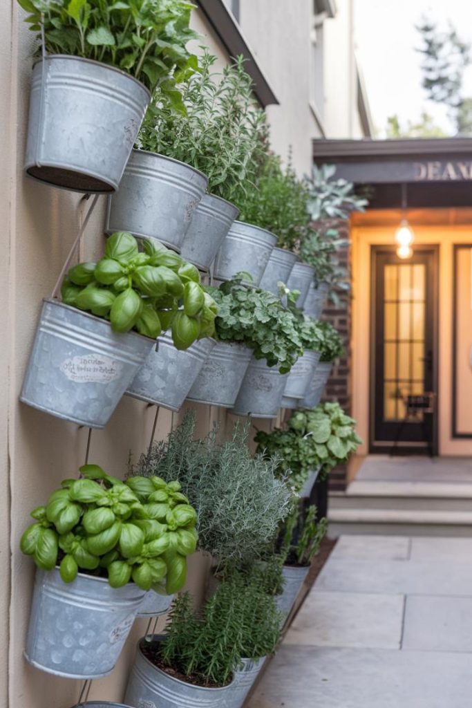 Wall-mounted metal buckets filled with various herbs, including basil and rosemary, line a narrow outdoor path leading to a door.