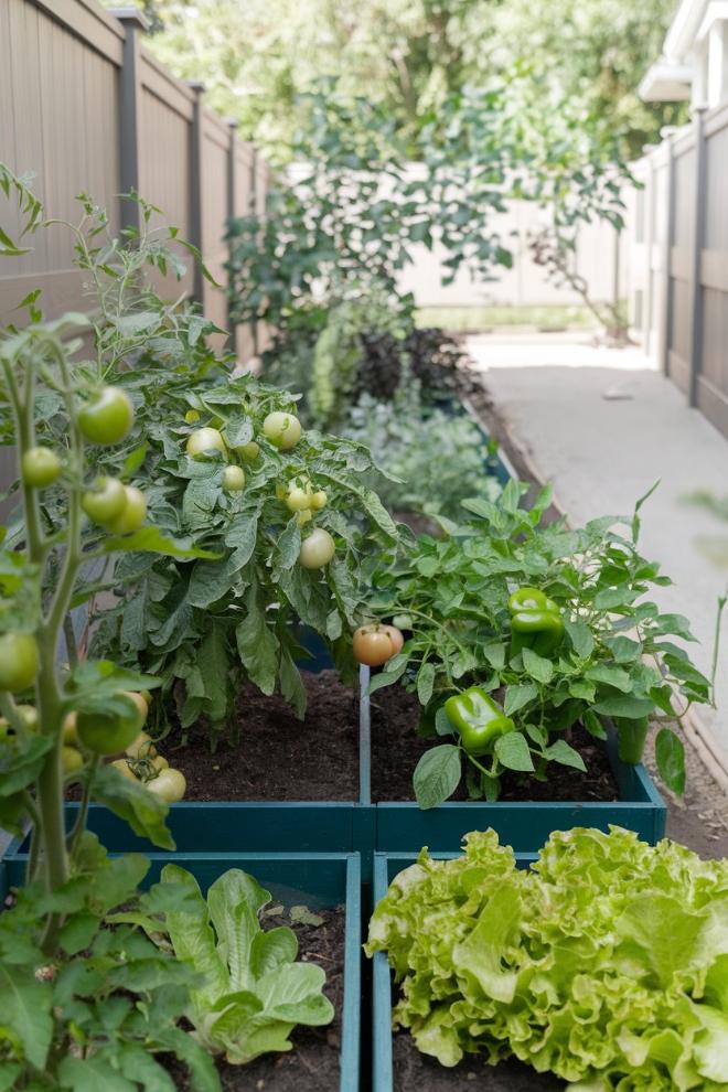 A garden with tomatoes, peppers, lettuce and various plants growing in raised beds next to a fenced path.