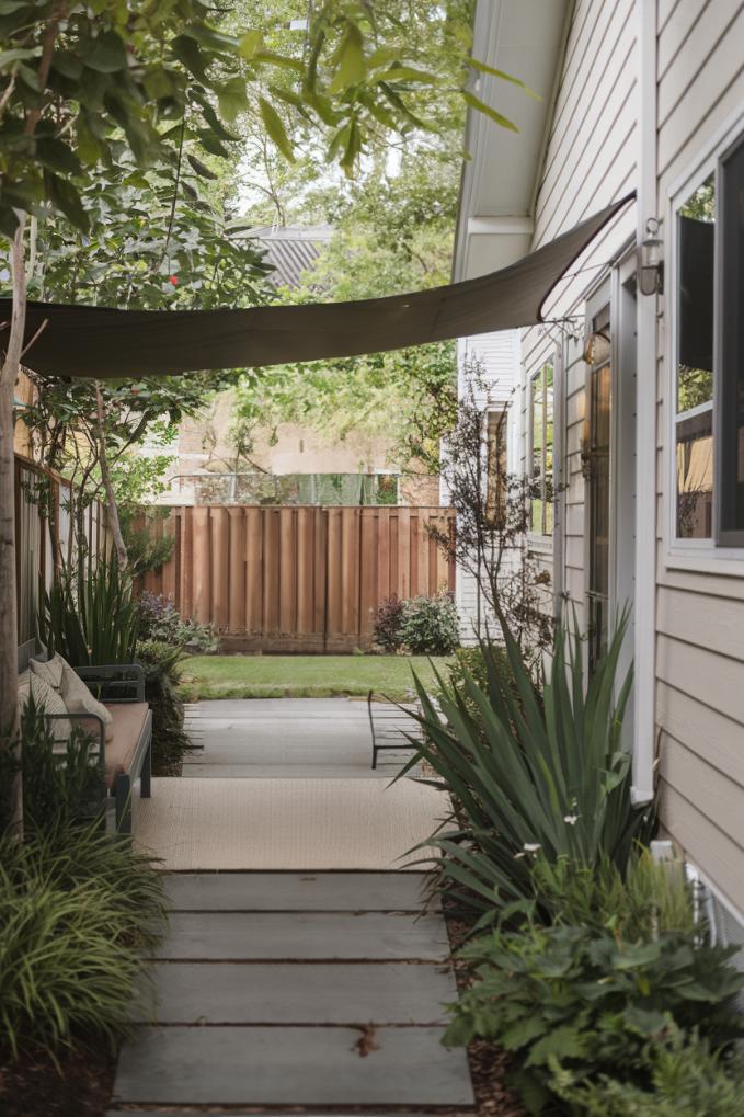 A narrow garden path next to a house is decorated with stepping stones, lush plants and a shady canopy. At the end of the path you can see a wooden fence.