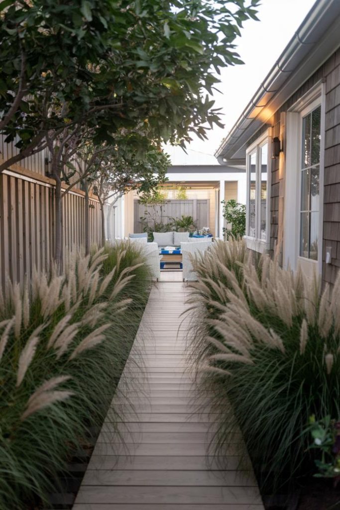 A narrow wooden path lined with tall grass leads to a terrace with white furniture. Trees and a wooden fence line the sidewalk.