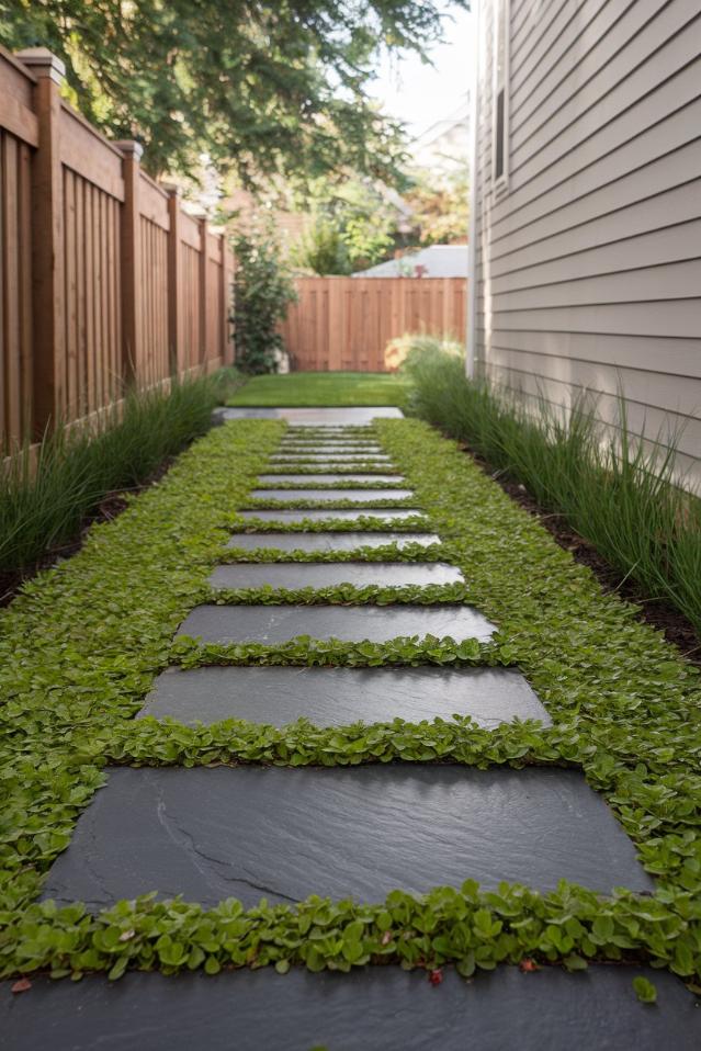 A narrow garden path with square stone slabs, surrounded by green ground cover plants, flanked by wooden fences and a house wall. At the end of the path you can see a wooden gate.