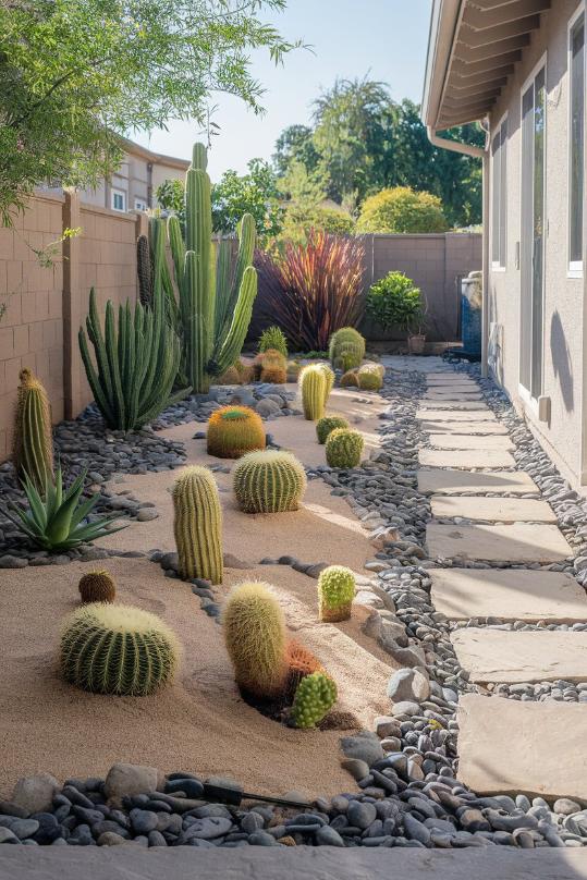 A desert garden with various cacti and succulents planted in sandy soil surrounded by smooth stones next to a concrete building facade.