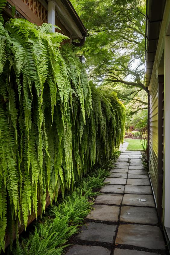 A narrow stone path, lined with lush ferns on the left and a building wall on the right, leads to a green garden area.