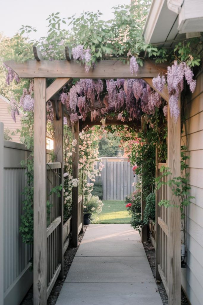 Wooden arbor with cascading purple wisteria flowers over a concrete path flanked by a white fence leading to a garden gate.