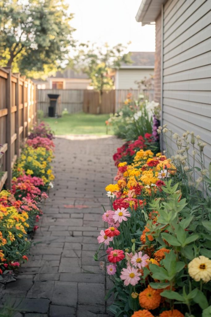 A path lined with colorful flowers leads to an open lawn flanked by a wooden fence and a house.