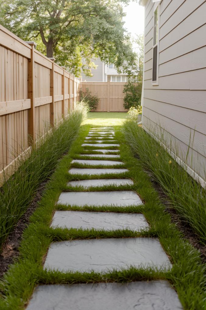 A narrow path with square stone pavers is lined with grass and stretches between a wooden fence and a house. Trees and a garden can be seen in the background.