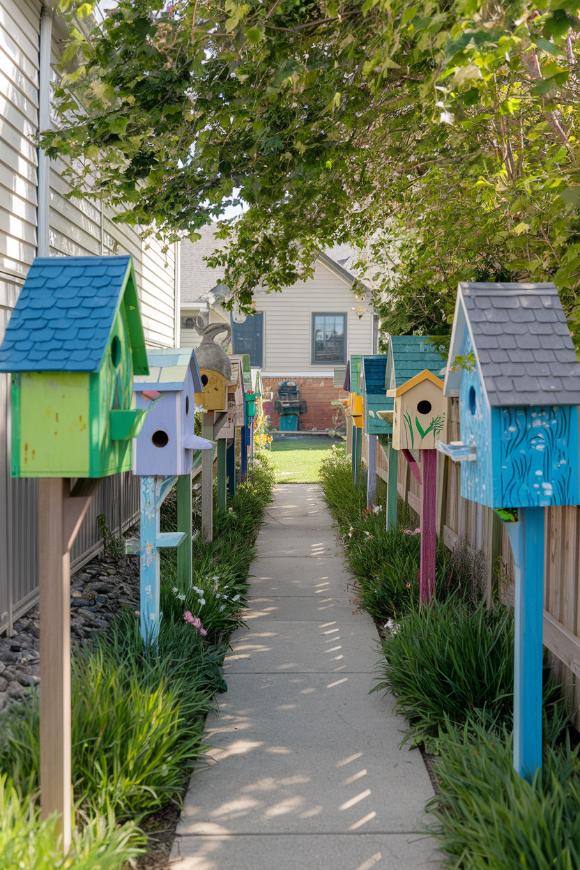 A path lined with colorful, decorative birdhouses on wooden posts, surrounded by greenery and trees, leading to a small house and a barbecue in the background.