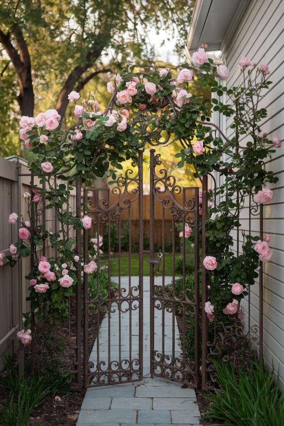 An ornate wrought iron garden gate decorated with blooming pink roses leading to a path surrounded by a wooden fence and trees in the background.