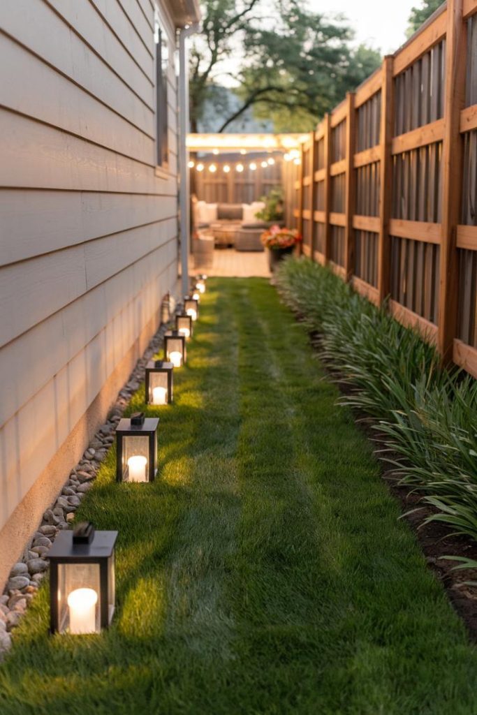 A narrow, grassy path with outdoor lanterns leads to a seating area flanked by a house and a wooden fence decorated with fairy lights.