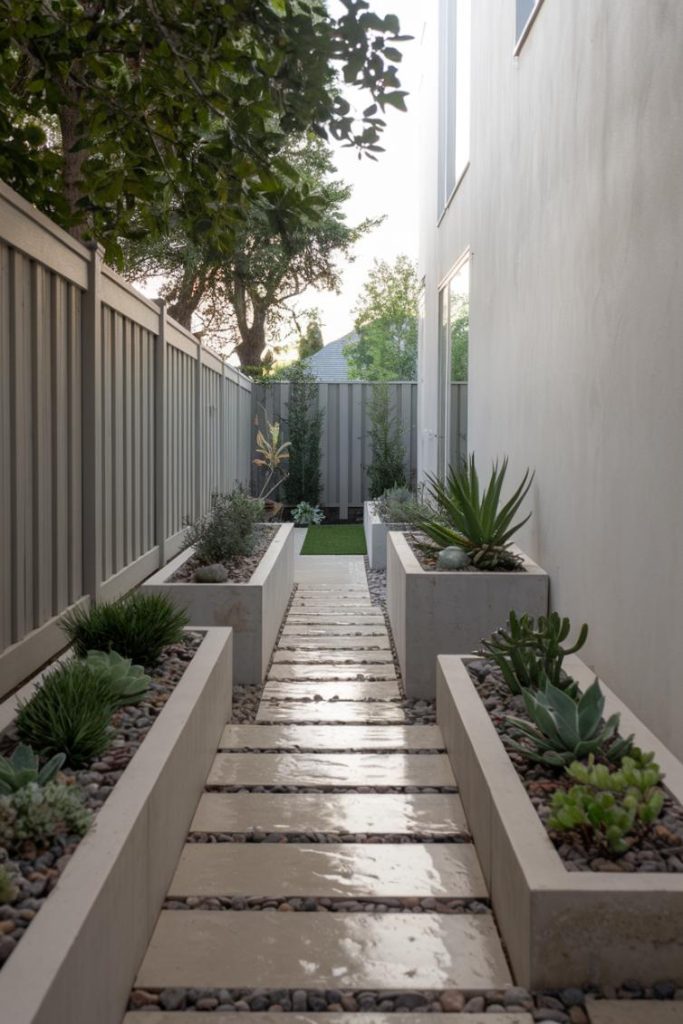 Narrow garden path with rectangular stone planters filled with succulents and pebbles. White walls and a fence line the sidewalk.