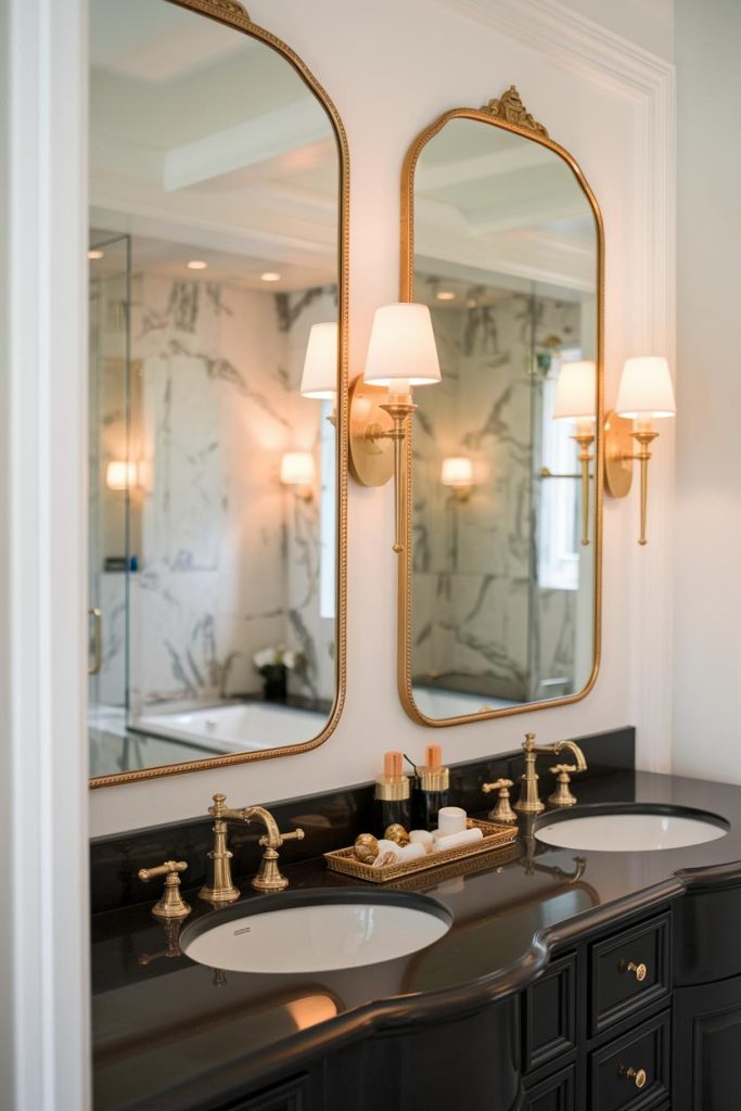 Elegant bathroom with double vanity with two oval mirrors, gold fixtures, black countertop and wall lights. Marble walls and a glimpse of a glass shower can be seen.