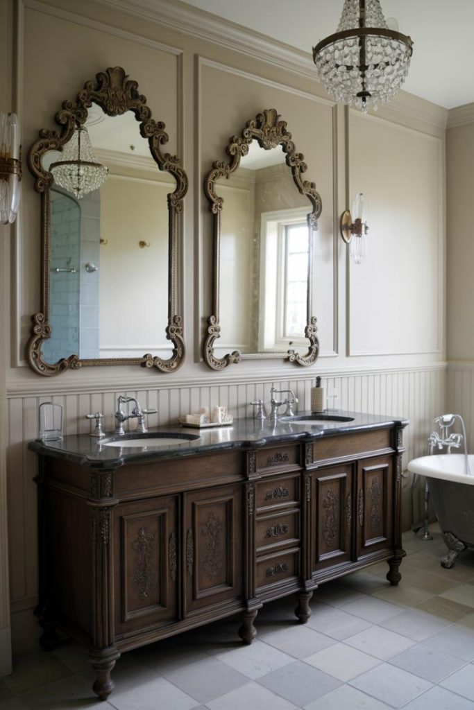 Elegant bathroom featuring a double vanity with ornate wooden cabinets, two decorative mirrors, a chandelier and a freestanding bathtub.