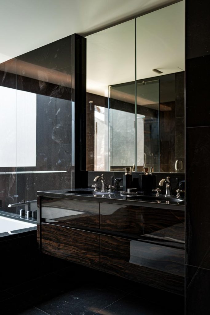 Modern bathroom with dark wooden furniture, double sinks, large mirrors and a corner bathtub.