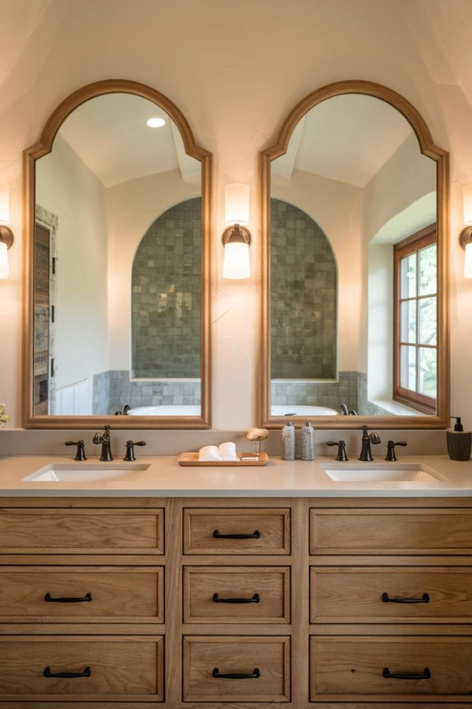 A bathroom with two mirrors, a six-drawer wooden vanity, two sinks, black fixtures and a window that reflects light. A green tiled shower can be seen in the background.