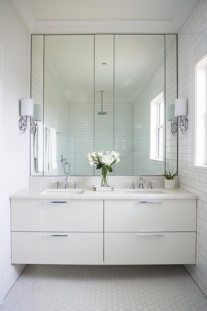 Modern bathroom with double sinks, large mirror and white subway tile walls. There is a vase of white flowers and a small plant on the counter.