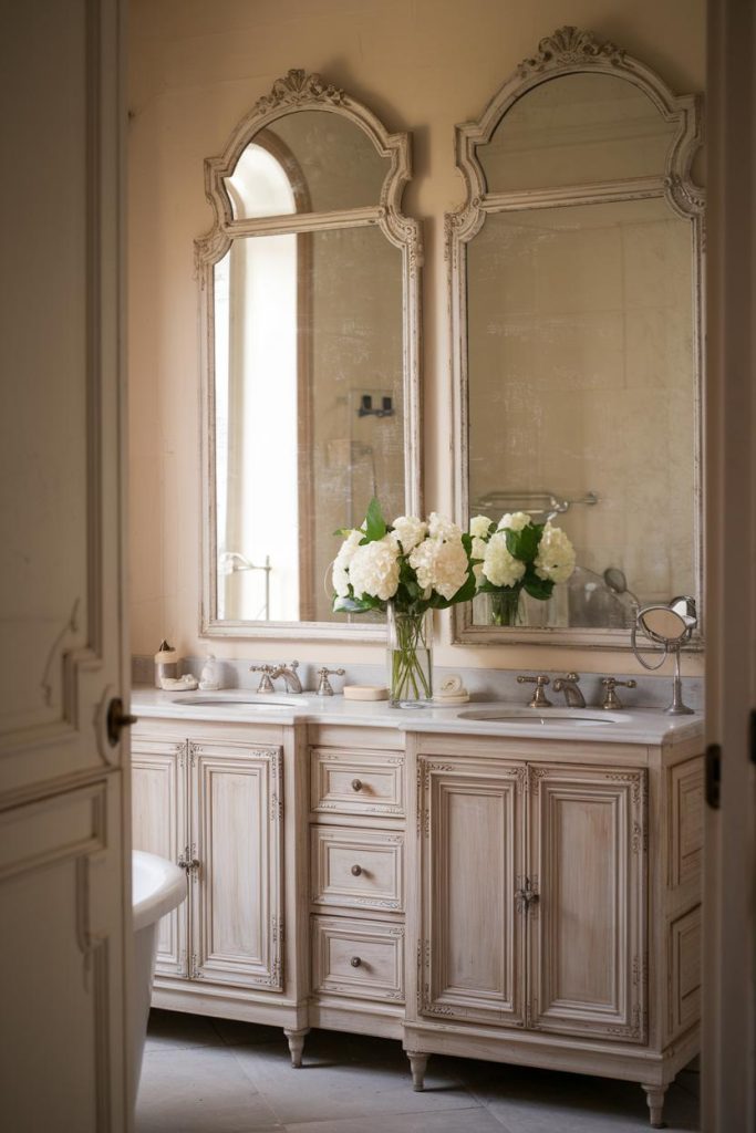 A bathroom with two vintage-style mirrors above a double sink and a vase of white flowers.