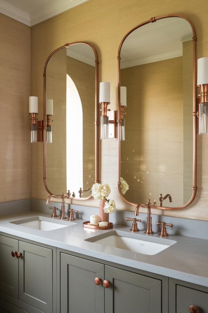 Bathroom with double sinks, gold mirrors, bronze taps and wall lights. Decorations include white flowers in a vase between the sinks.