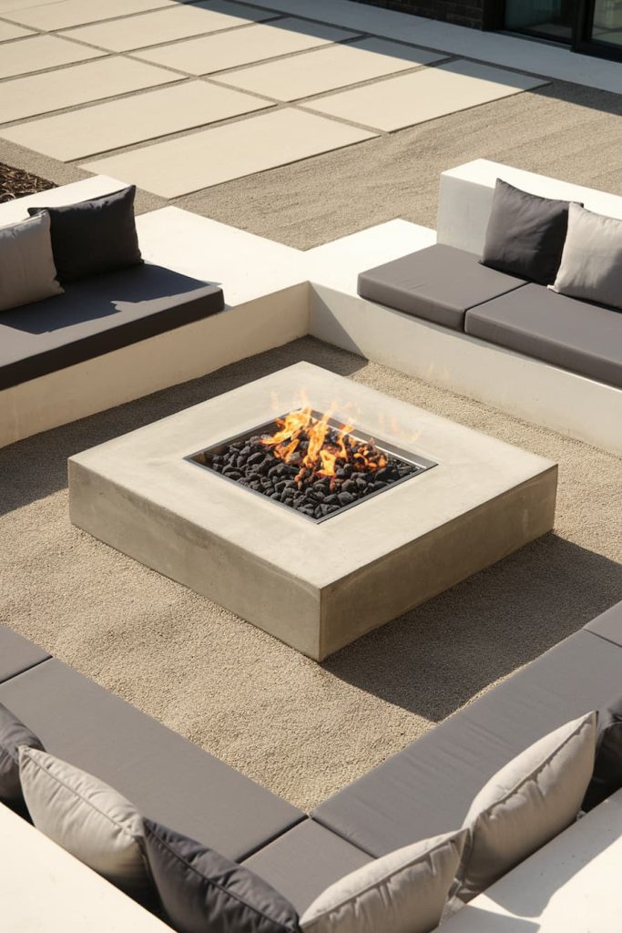 Modern outdoor seating area with a square fire pit in the center surrounded by cushioned benches on a sandy surface.