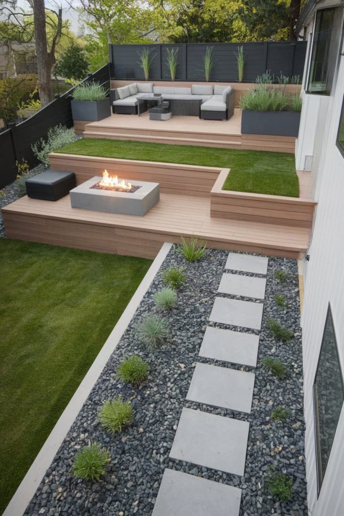 Modern backyard with tiered wooden deck, outdoor seating, fire pit and landscaped garden with stepping stones and ornamental plants.