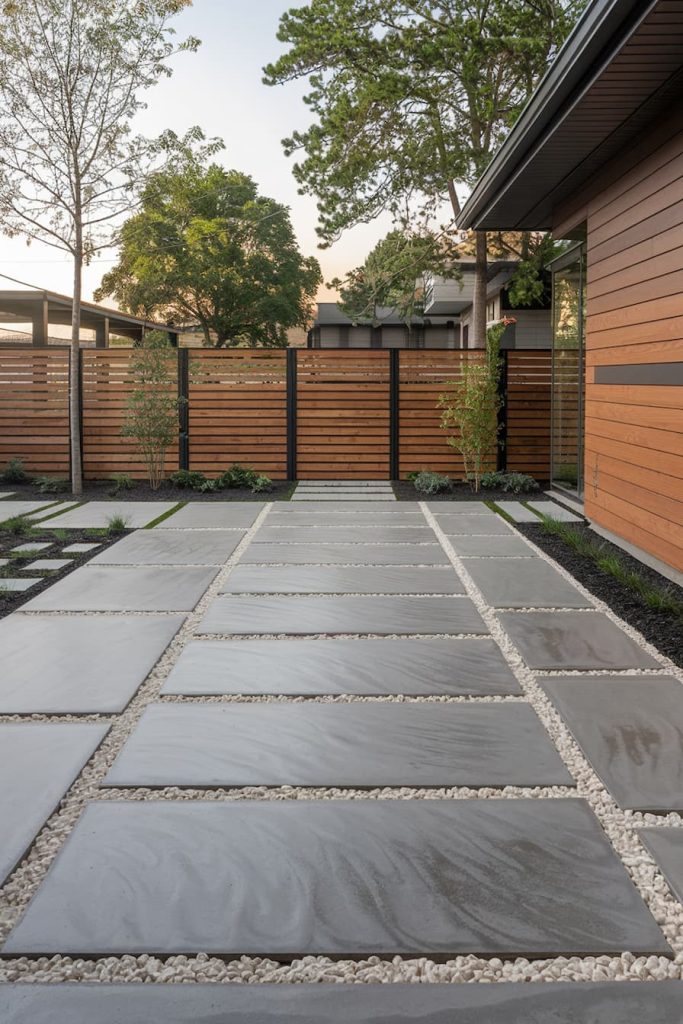 Modern terrace with large stone tiles and gravel borders, surrounded by a wooden fence and trees, adjacent to a building with wooden cladding.